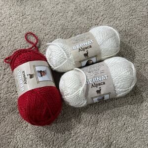 NEW LOT of 3 Skeins Bernat Alpaca Yarn Cherry Red Natural White 30% Alpaca